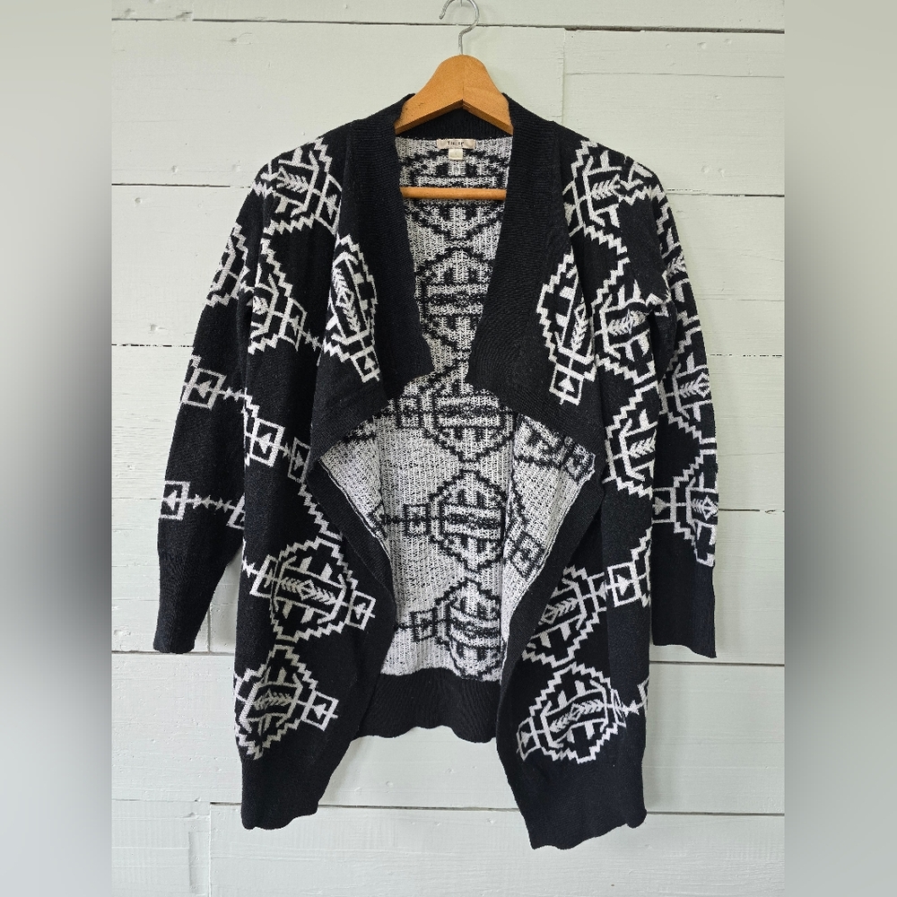 Timing Women's  Black /white Open Front Cardigan Southwestern Knit Design Sz L